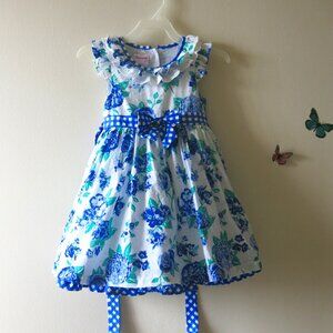 Nannette Girl Cotton Blend Floral Blue Green Bow Cottage Core Dress Size 4T